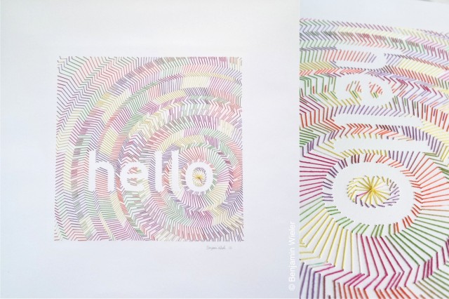 Benjamin Wieler, hello, 2012, multicolour cotton hand stitched embroidery on Stonehenge paper