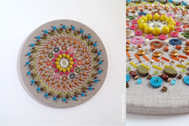 Benjamin Wieler 2015, multicolour beads & mirror embroidery on linen, framed.